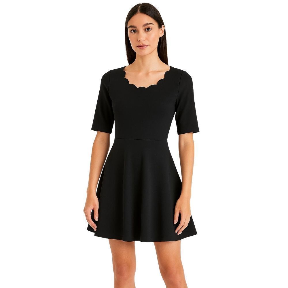 Lulus Womens Tip the Scallops Black Skater Dress Short Sleeve Fit & Flare XS